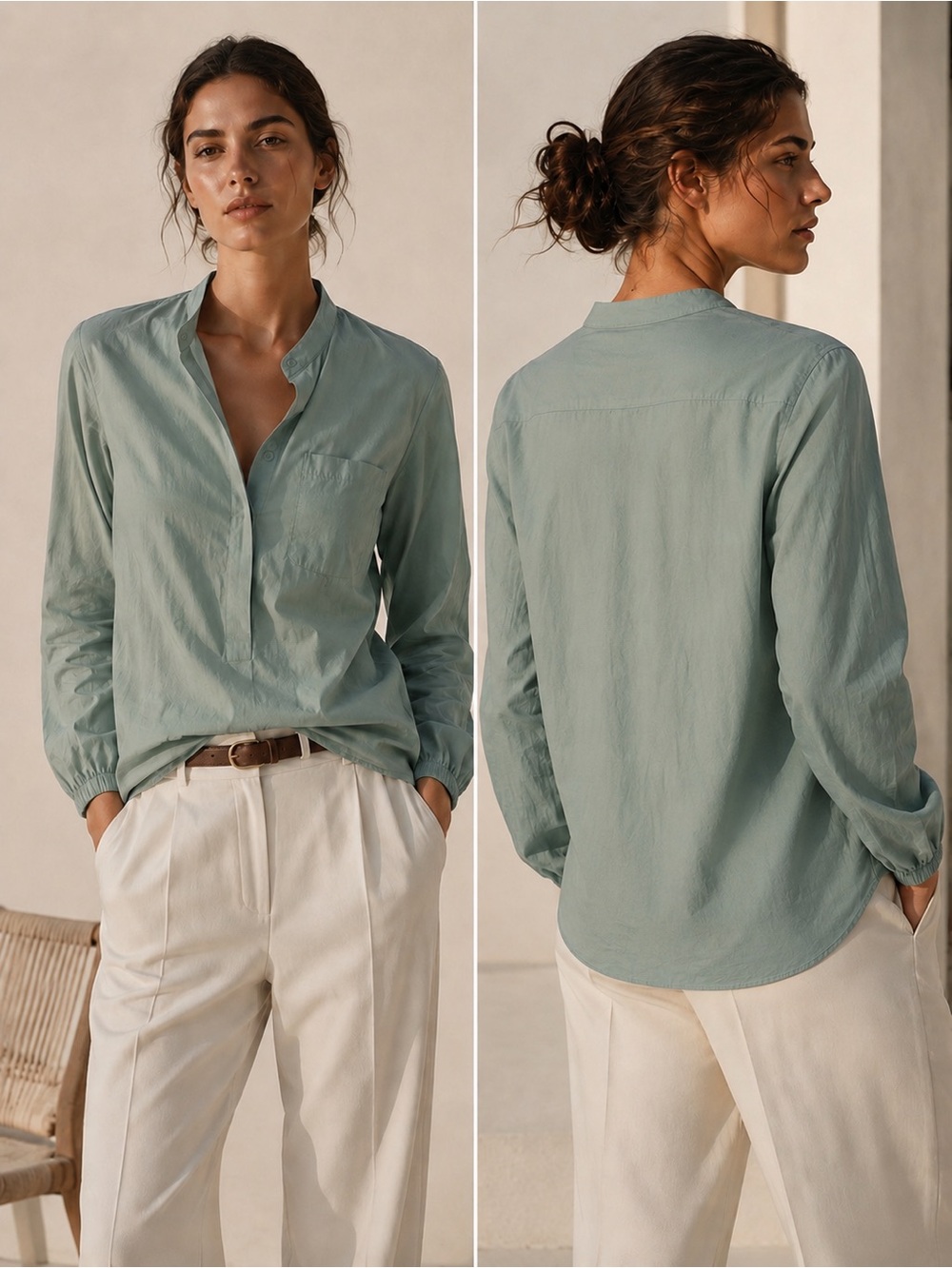 Loro Piana Italy Sage Cotton Silk Mandarin Collar Blouse Top Quiet Luxury 🌿 sz 4